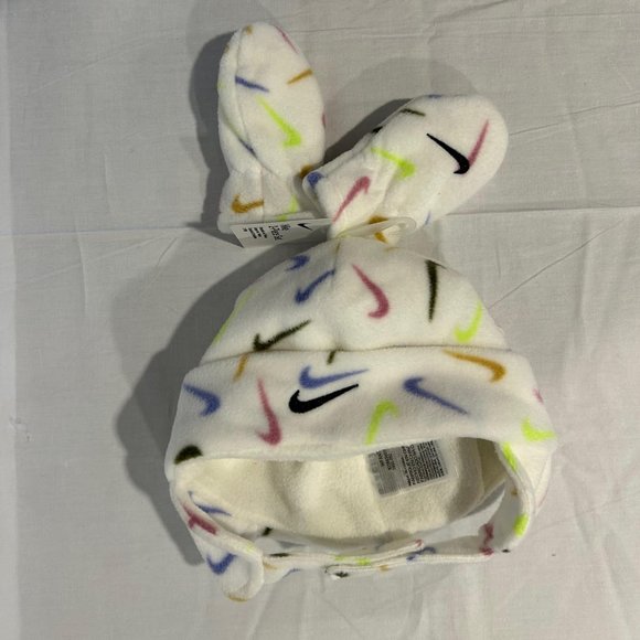 Infant Nike Swoosh Logo Print Cream Fleece Trapper Hat & Mittens Set NWT - Picture 3 of 4